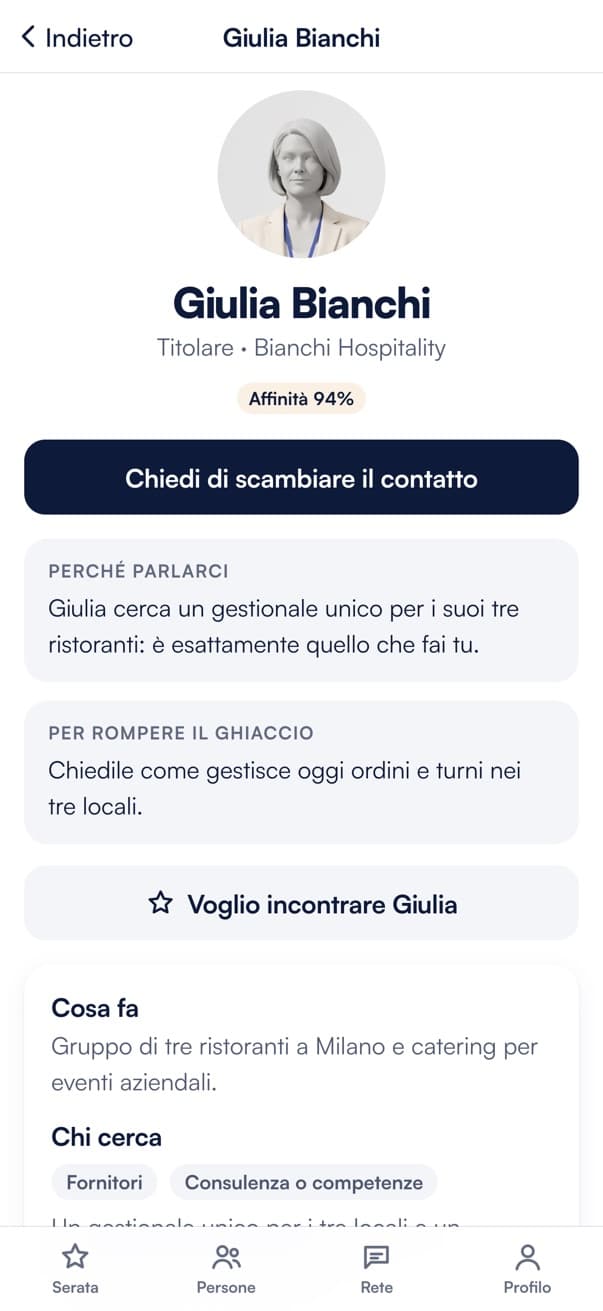 App di matching Connessioni Pro: la scheda di una persona con perché parlarci e come rompere il ghiaccio